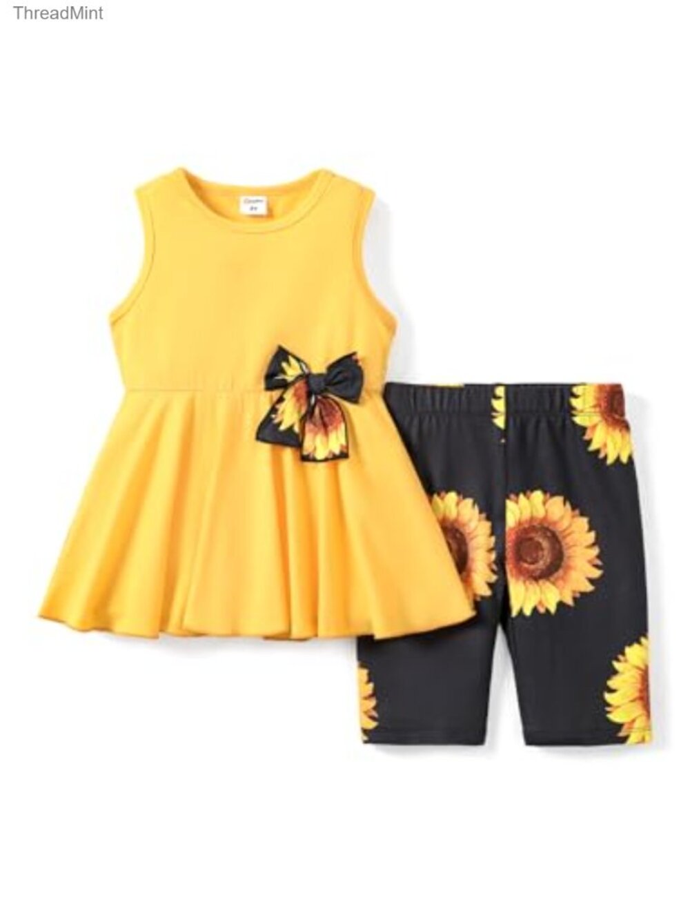 Girls Sleeveless Tunic Top with Bow Floral Biker Short Set 7-8 Years